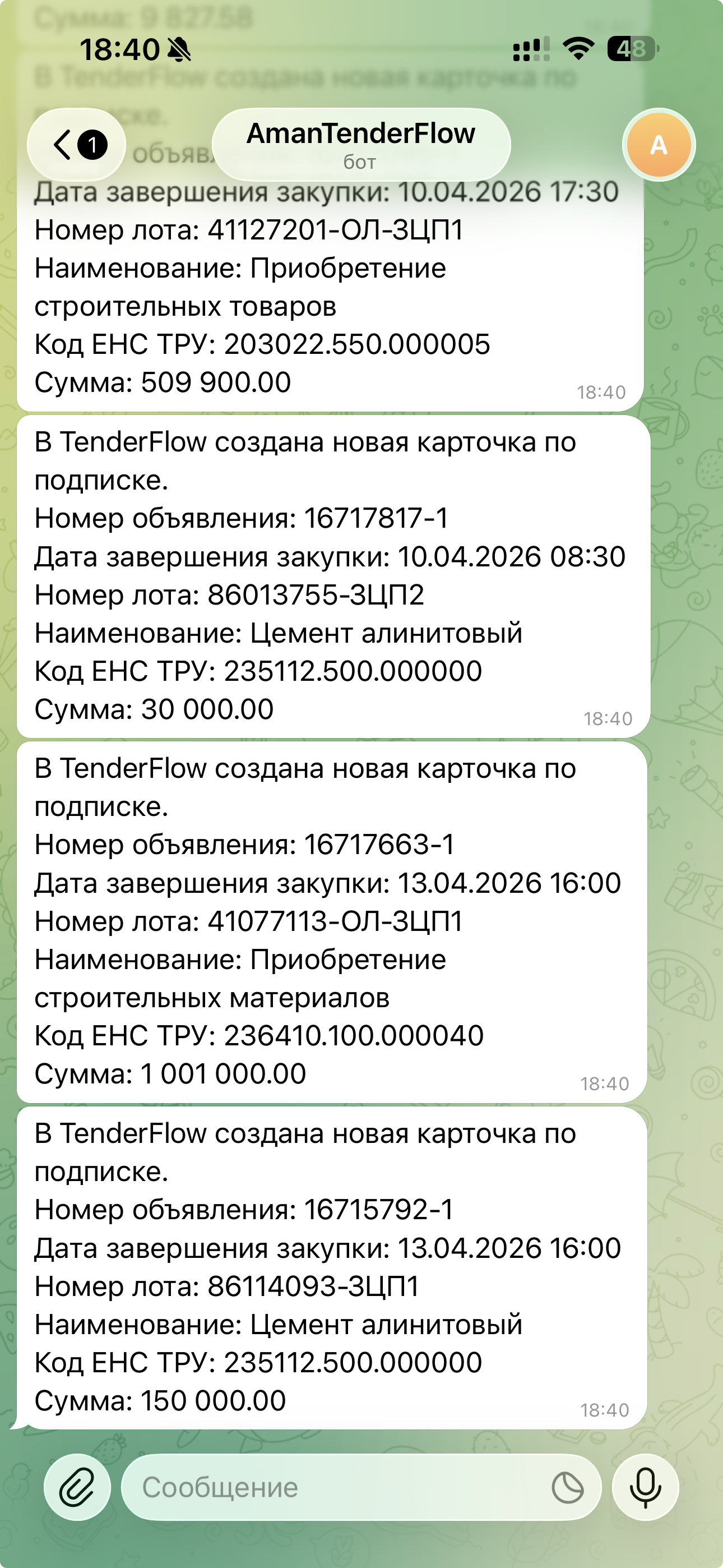 Уведомления TenderFlow в Telegram по подпискам на новые лоты